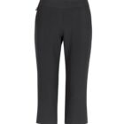 Black capri pants with a high waist and relaxed fit on a white background.