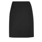 Black wrap skirt with button details on a white background.