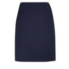 Dark blue wrap-style skirt with two buttons on the waistband.