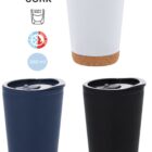Three cork-bottom travel mugs in white, navy blue, and black with food grade labels above.