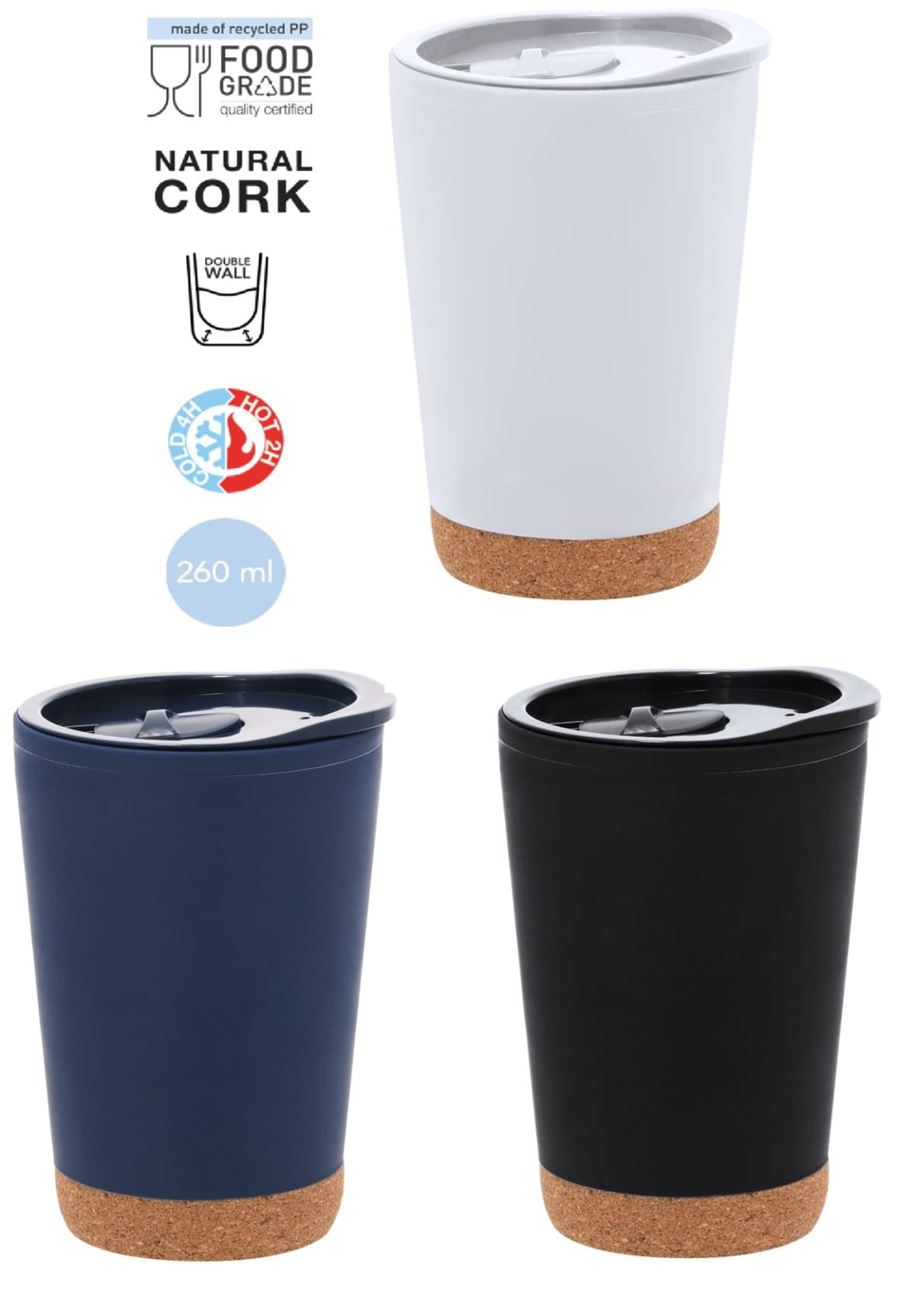 Three cork-bottom travel mugs in white, navy blue, and black with food grade labels above.