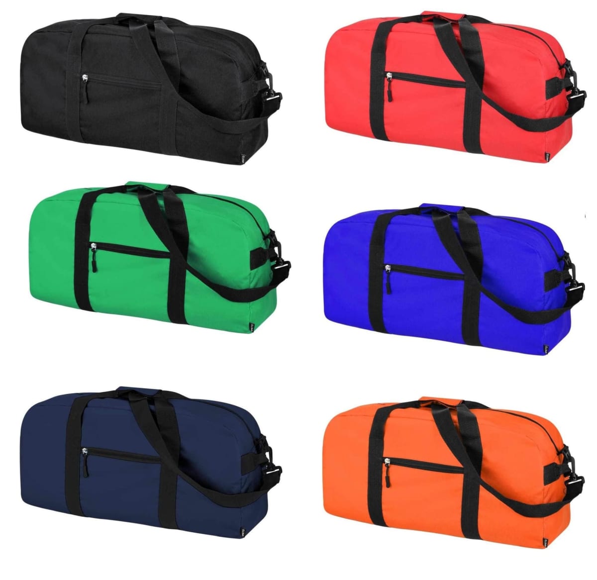 Six duffel bags in black, red, green, blue, navy, and orange colors on a white background.
