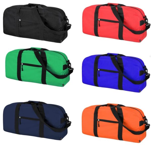 Six duffel bags in black, red, green, blue, navy, and orange colors on a white background.