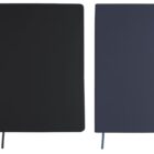 Two plain notebooks, one black and one dark blue, with ribbon bookmarks and a recycled symbol.