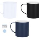 Three plain mugs—white, black, and navy—each with a handle, shown on a white background.