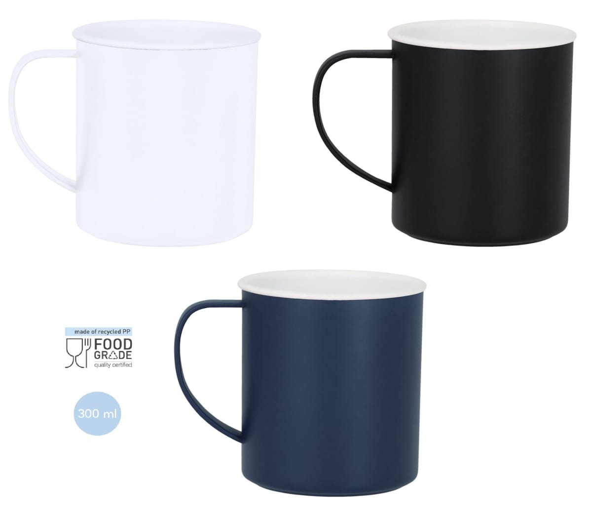 Three plain mugs—white, black, and navy—each with a handle, shown on a white background.