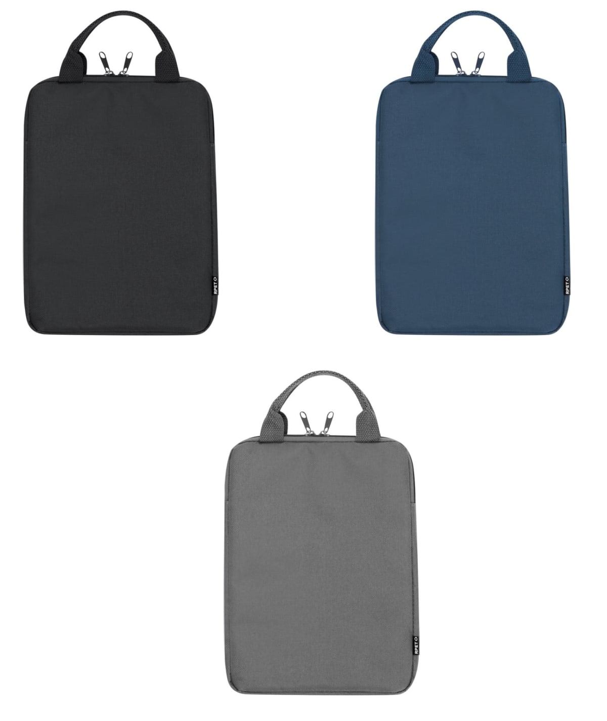 Three laptop sleeves in black, blue, and gray, each with dual zippers and handles.