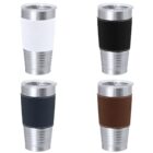 Four travel mugs with silver bases and different colored sleeves: white, black, navy, and brown.