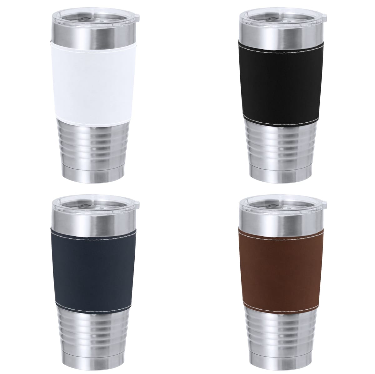 Four travel mugs with silver bases and different colored sleeves: white, black, navy, and brown.