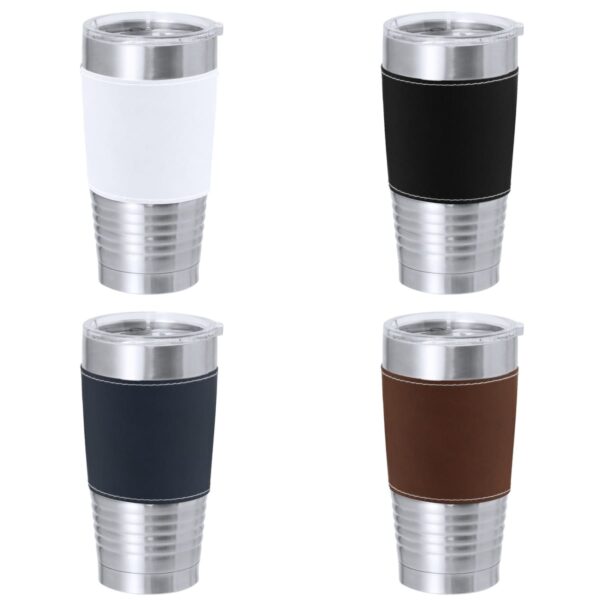 Four stainless steel tumblers with black, white, navy, and brown sleeves.