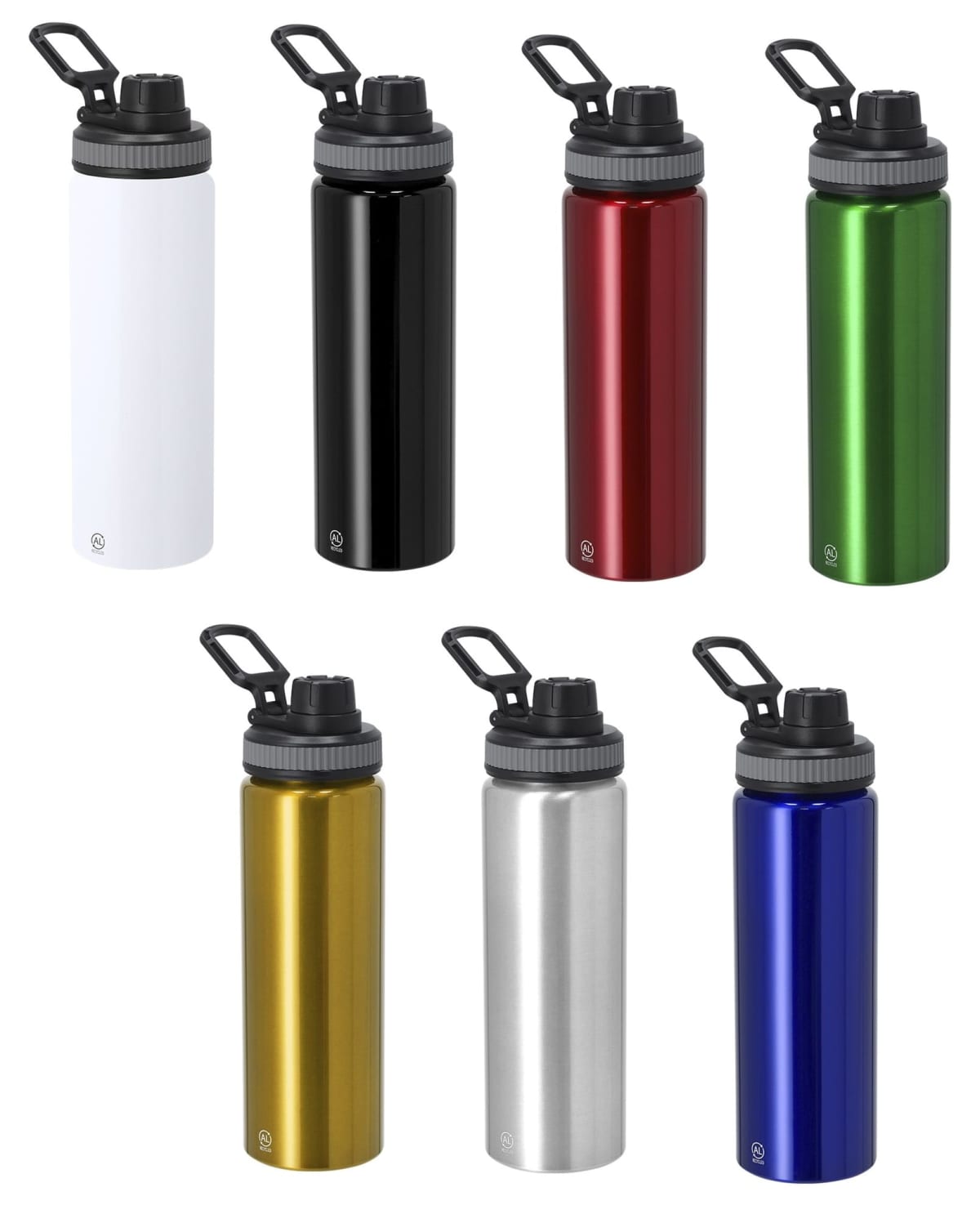 Seven metal water bottles in different colors with black lids and carrying handles.
