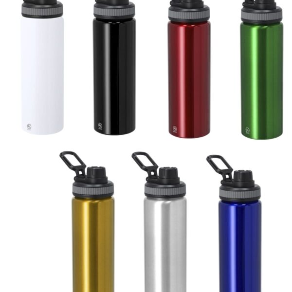 Seven metal water bottles in different colors, each with a black lid and carrying handle.