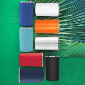 A set of coloured mugs running down a column
