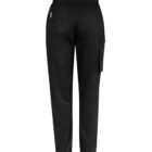 Back view of black jogger pants with a side pocket and elastic waistband.