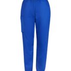 Blue scrub pants with elastic cuffs and a side pocket.