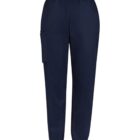 Navy blue joggers with an elastic waistband and cuffs, featuring a side pocket.