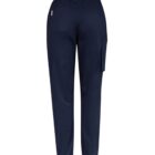 Navy blue cargo pants with elastic waistband and multiple pockets, viewed from the back.