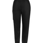 Black jogger pants with a side pocket and elasticized cuffs.