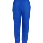 Blue jogger pants with an elastic waistband and cuffs, featuring a side pocket.