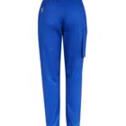 Blue scrub pants with a back pocket and side cargo pocket, viewed from the back.
