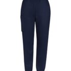 Navy blue jogger pants with a side pocket, elastic waistband, and cuffed ankles.
