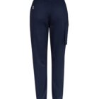 Navy blue jogger-style pants, back view, with an elastic waist and pockets.