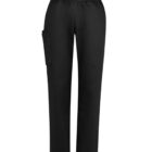 Black cargo pants with side pocket, elastic waistband, and straight legs.