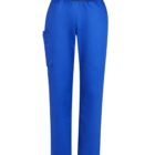 Blue pants with an elastic waistband and a side pocket on a white background.