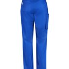 Blue scrub pants with elastic waistband and cargo pocket, viewed from the back.