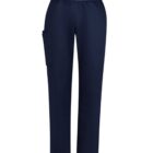 Navy blue pants with an elastic waistband and a side pocket, set against a white background.