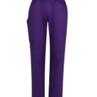 Purple cargo pants with a black waistband and side pocket, isolated on a white background.