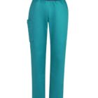 Teal work pants with a navy waistband and side pocket, isolated on a white background.