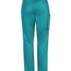 Teal medical scrubs pants with a black waistband and side pocket, viewed from the back.