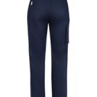Back view of navy blue cargo pants with side pocket on white background.