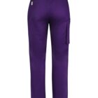 Back view of purple pants with a pocket on the side and a dark waistband.