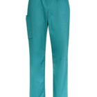 Teal medical scrub pants with side pocket and navy waistband.