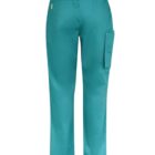 Back view of teal scrub pants with a black waistband and side pocket.