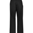 Black pants with an elastic waistband and relaxed fit viewed from the back.