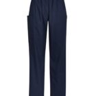 Navy blue scrub pants with an elastic waistband and side pockets on a white background.