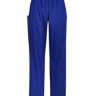 Blue medical scrub pants with an elastic waistband and side pocket.