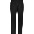 Black elastic-waist pants with side pocket, displayed against a white background.