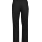 Back view of plain black pants with an elastic waistband.