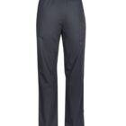 Back view of dark gray pants with an elastic waistband on a white background.