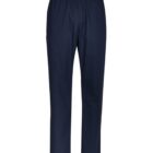 Navy blue pants with an elastic waistband and side pocket, displayed on a white background.