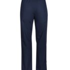 Back view of dark blue pants with an elastic waistband and a pocket.