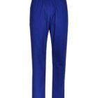 Blue pants with an elastic waistband and side pocket, isolated on a white background.