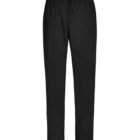 Black, straight-leg pants with an elastic waistband and drawstring, isolated on white.