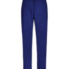 Blue drawstring pants against a white background.