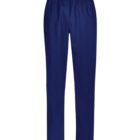 Dark blue pants with an elastic waistband on a white background.