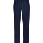 Dark blue trousers with an elastic waistband on a white background.